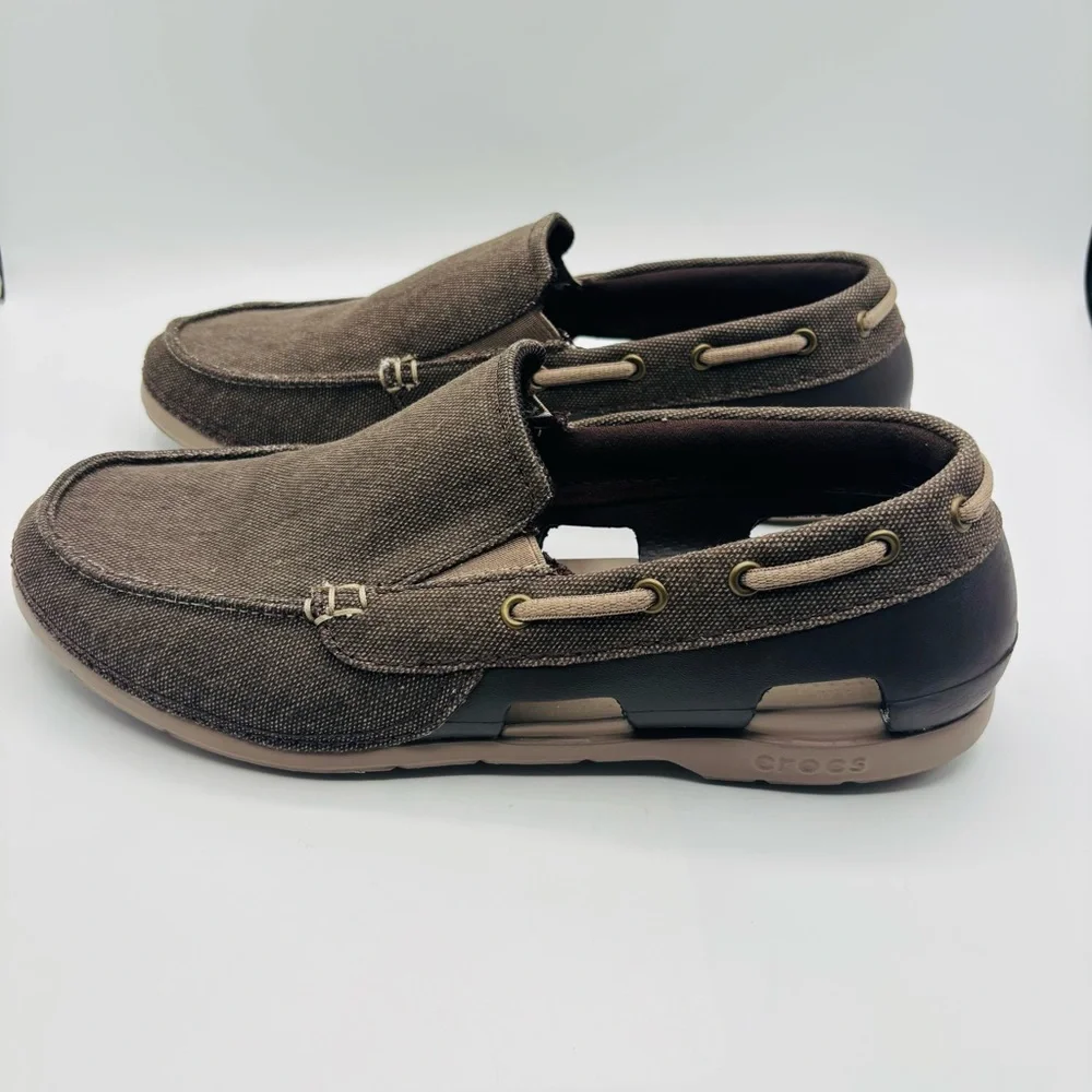 CROCS Men's Brown Canvas Slip-On Boat Shoe with Tan Accents